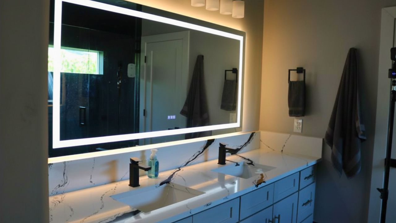 Spa-inspired primary bath with backlit LED mirror and quartz vanity